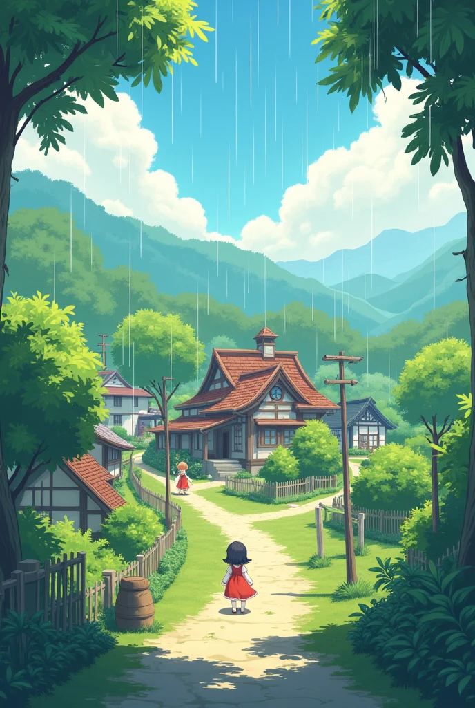 Beautiful anime village with slow rain and slow wind with beautiful House