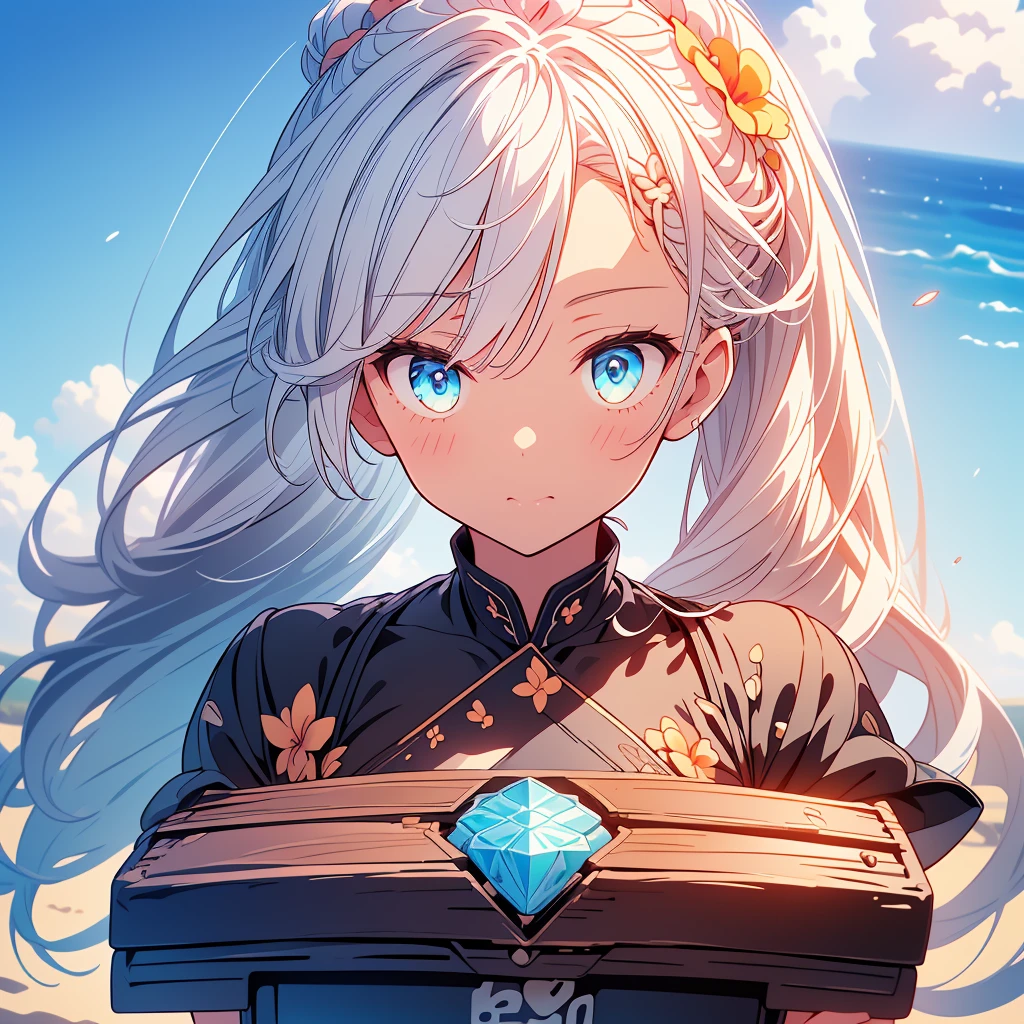 [(Transparent Background:1.5)::5]、(((masterpiece)))、(((Highest quality)))、(((Very detailed)))、An illustration、1 girl、solo、mysterious、Bright colors、Gloss、(Ponytail Hair)、(White Hair)、(Cyan eyes)、whole body、Long hair quiet nature、Close-up、Dynamic Action、Lens Perspective、Beach(((Box Configuration)))、Volumetric lighting、Multi-coloured eyes、Detailed eyes、Hyper Detail,Plumeria flower fractal art、
