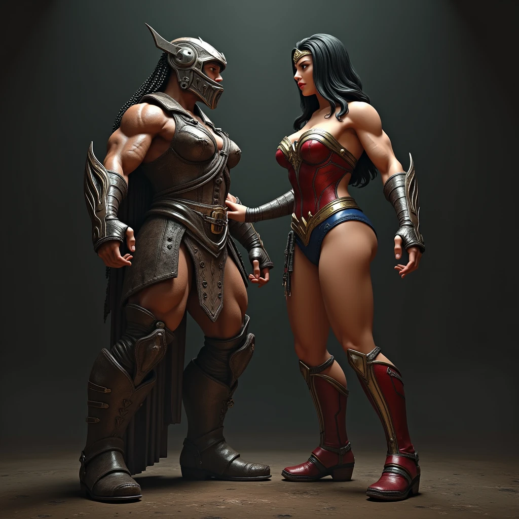 3D art Sheeva with four hands from Mortal Kombat restrained Wonder Woman with large breasts and muscular body