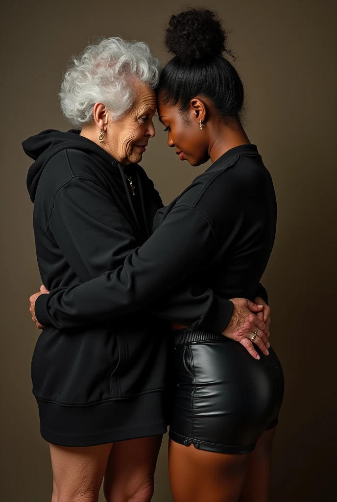 black woman hair in a bun black hoodie black leather short shorts being fucked in the ass by a old grandma in a dress