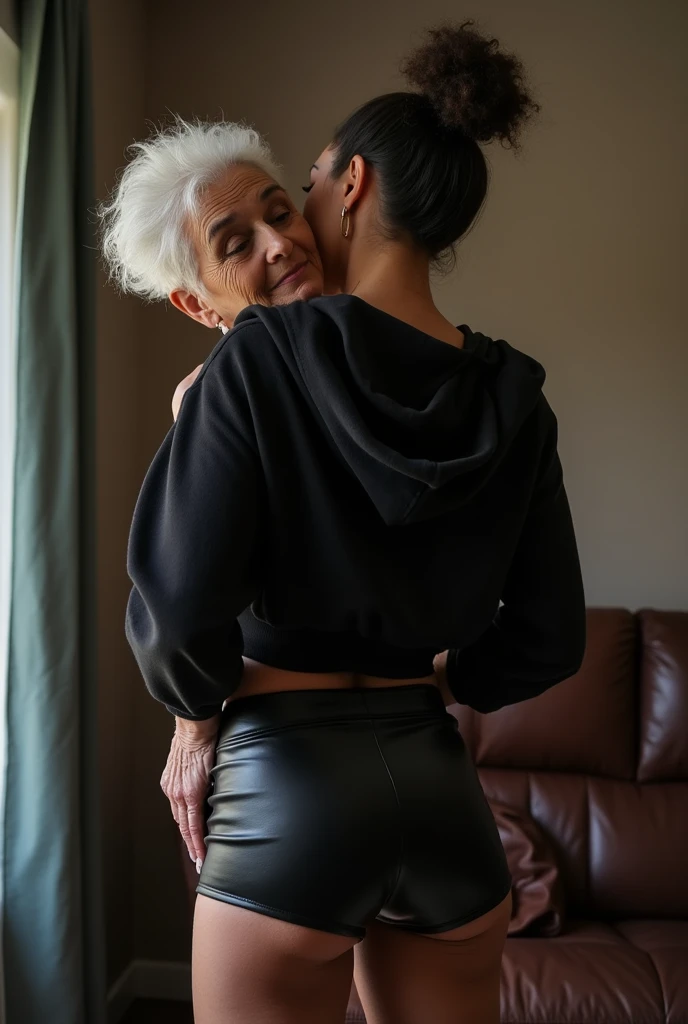 black woman hair in a bun black hoodie black leather short shorts being fucked in the ass by a old grandma in a dress