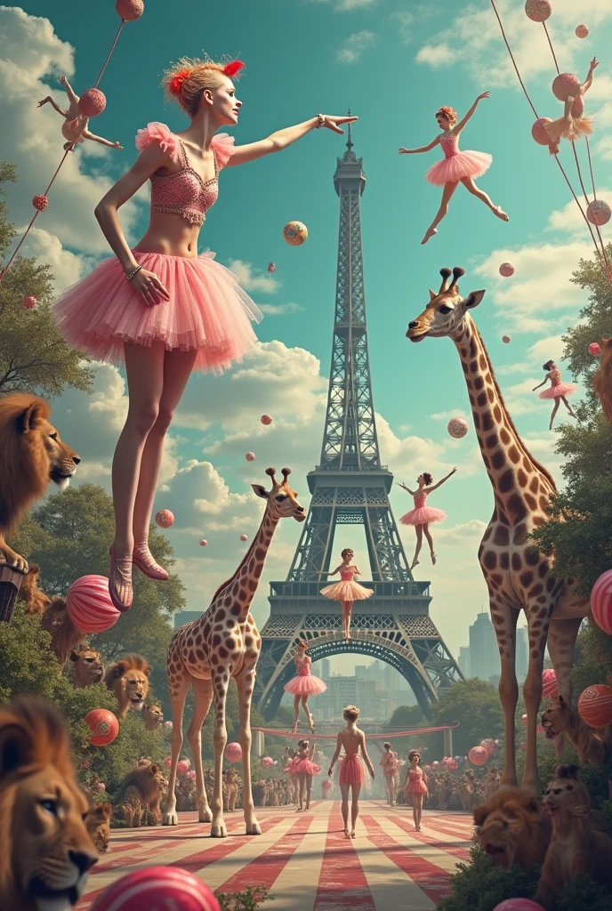 Cotton candy clowns, compass ballerinas, giraffes on trapeze, Eiffel Tower ballerinas, lion tightrope walkers, Surreal Scene