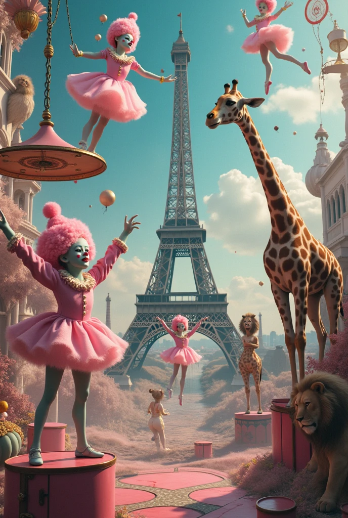 Cotton candy clowns, compass ballerinas, giraffes on trapeze, Eiffel Tower ballerinas, lion tightrope walkers, Surreal Scene