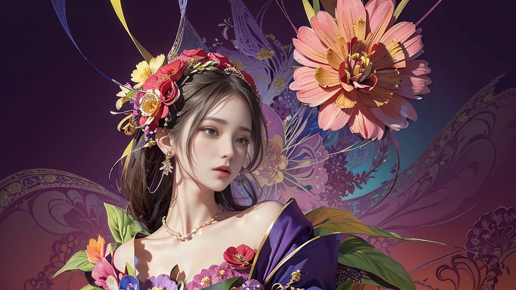 32K, 最高quality, 最高masterpiece, ((1 personの少女)), (masterpiece, 最高quality, 最高quality, Official Art, Beautiful and aesthetic: 1.2), High resolution, Super detailed, Very detailedな, 1 personの, (bouquet:1.3), (1 Flower), Upper body, Very detailedな, (Fractal Art: 1.3), colorful, Most detailed, (Earrings Flower:1.5), Purple-red pale background, It's imaginative., (Tangled:1.2), (Geometric:1.2),(colorful),(masterpiece, quality, best quality, Official Art, Beautiful and beautiful:1.2), (1 person:1.3), Very detailed,(colorful:1.1)(Flowers:1.3),Most detailed,(Tangled:1.2), whole body, (Abstract background:1.3), (Skin glows), (Many colors:1.4),
