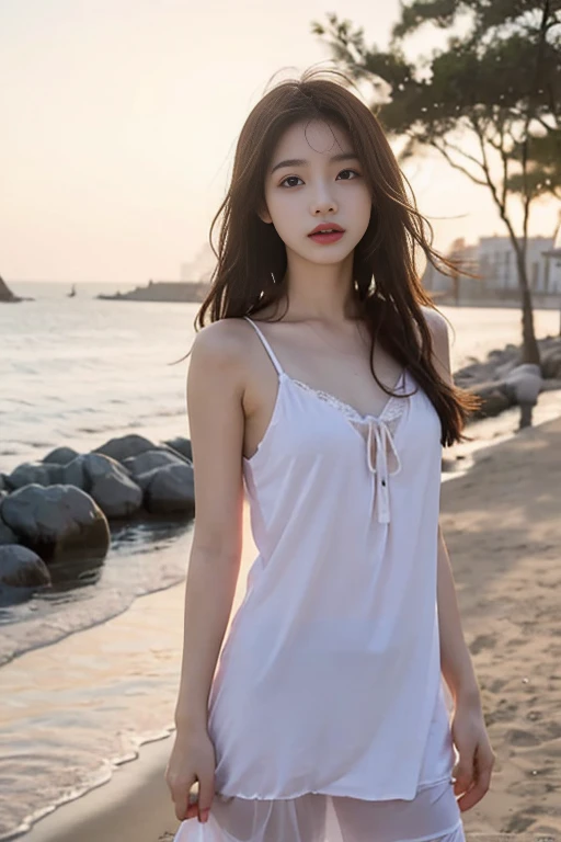 1 Girl,seaside,Soft Light,Chinese Beauty,Slip nightdress