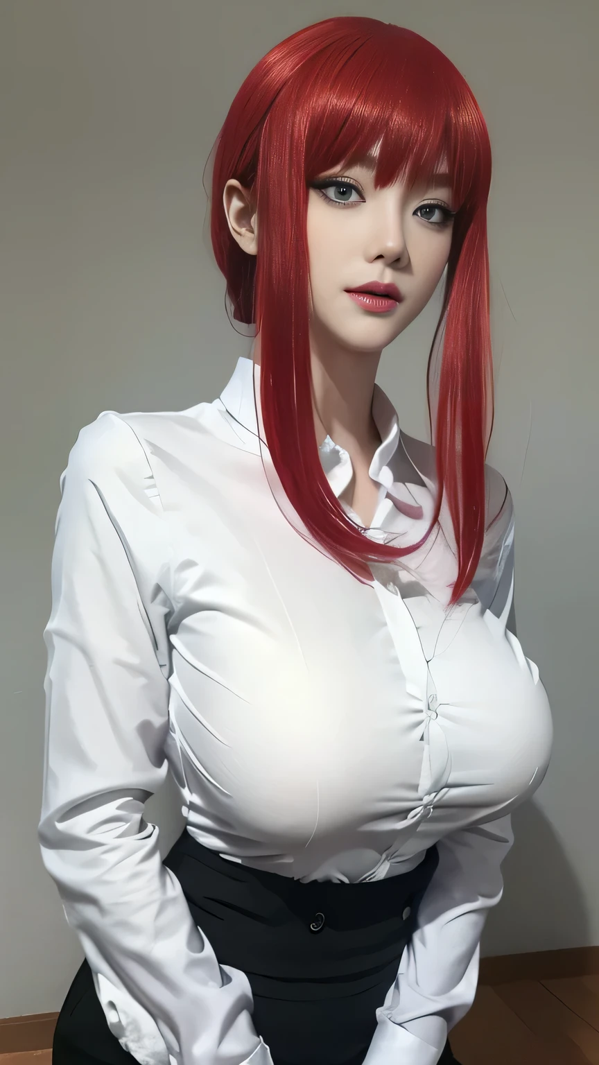 anime cosplay, 1 girl, wide range photoshoot, wide range, milf, beautiful face, clear face, hot body, Wearing office suit, white full sleeve shirt, full leg black pant, Huge breasts, coverd, Realistic, well dressed, waist curve pose, front side, (8k, RAW photo, top quality, masterpiece), (Realistic, photorealistic: 1.9), Full body shot, stylish pose, Highly detailed skin, top quality, beautiful blue eyes, gorgeous red hair, white skin, thick body, lower abdomen bristles, perfect slim figure, various poses, ultra-detailed face, detailed eyes, a lot of people are looking at her with excitement, (((no close-up)))