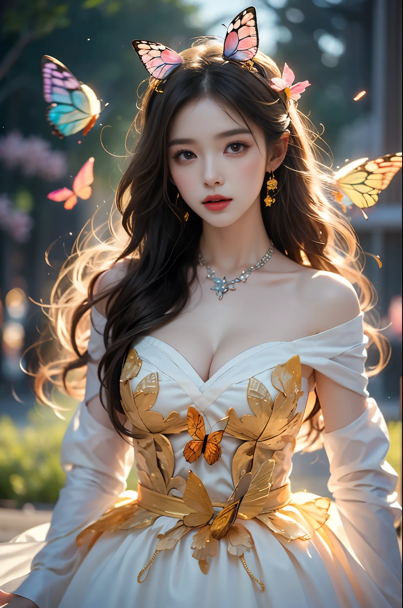 Beautiful dance pose, She gently lifted her skirt with one hand,头发周围有白色的Butterfly兰，Lilac dendrobium、White Lily, Long legs , Deep in Wonderland, ((Flowing long hair))Official Art , Unity8k Wallpaper , Extremely detailed , Visible cleavage, Pretty and beautiful , 性感Long legs, masterpiece , best quality ,Practical, Very detailed illustrations ,Extremely detailed , Intricate details , Extremely complex and detailed , Very detailed 8KCG wallpaper , Caustics .reflection , Ray Tracing , Devil theme ,nebula ,Dark aura, Network Effects , (1 girl)solitary , 小蓝Butterfly , (Blue plasma flame , (insect , Butterfly)) Pastel tones in Rococo style ,Light white and light dark red , Incredibly beautiful , Cherry blossoms , Surrealism ,painting , Ethereal , Mixing reality and fantasy elements ,Ray Tracing , Complex Mode , Exquisite lines , Perfect your hands, Starry Sky , Colorful , Star