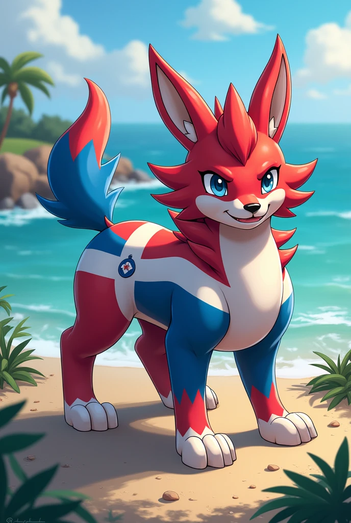 Create a realistic Pokémon that belongs to the island of the Dominican Republic. I want the Pokémon to be a canine with a coat that has the colors of the Dominican flag., which are red, blue and white, that these colors have it in harmony And that it is Fire and Water type and that everything is drawn In an isometric way