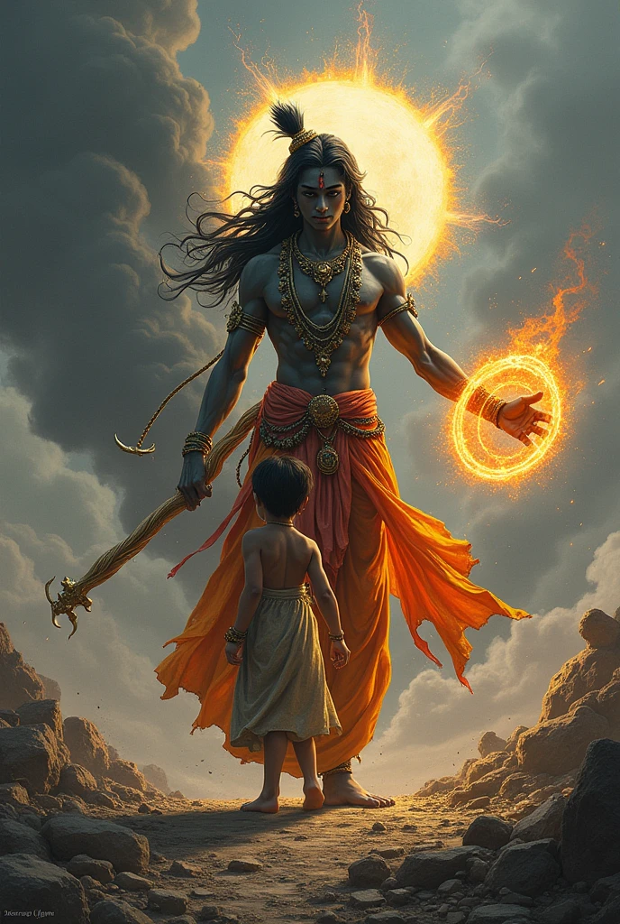Krishna image in war zone with chakra in hand side passing a snake, saves a little child from kali monster