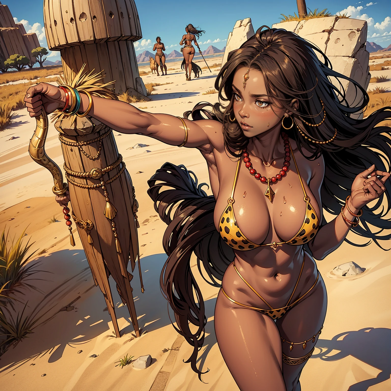 Masterpiece, best quality, 4k, Insanely Definition, uncensored, rating explicit, full body, muscular 3 African woman, Zulu warrior, large breasts, huge neckline, war paintings by the body, perfect and proportional body, black-skinned savanna warrior wearing very few clothes and many necklaces and adornments by the body, tiny bikini made of African beads, holding a spear and walking through the savannah, dry vegetation, very hot, she is sweaty and her black skin glows under the scorching sun of Africa