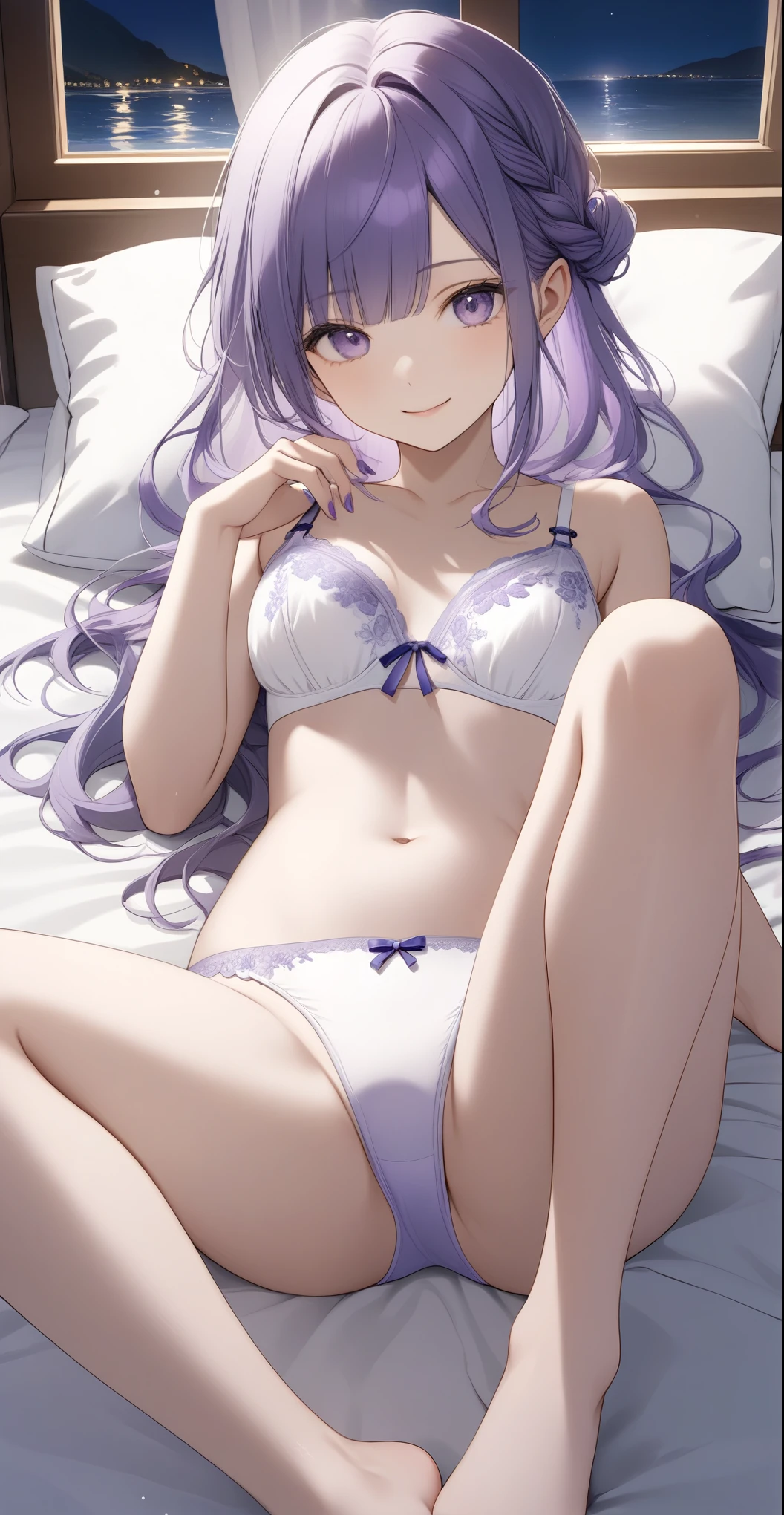 one,Cute girl、((White bra with light purple embroidery、White low-rise panties with light purple embroidery、Purple nail polish))、(The setting is that she wears Rollers panties.)、(Indigo hair color、Light silver inner color hairstyle), Beautiful Hair, Facial Contour, Remember, Hotel, moonlight、splash, Lens flare,, Natural Color, High resolution, Very delicate, Very detailed, 8k,、Shyness,((Sexual))、Lying in bed、Shy smile、Camera work from the feet