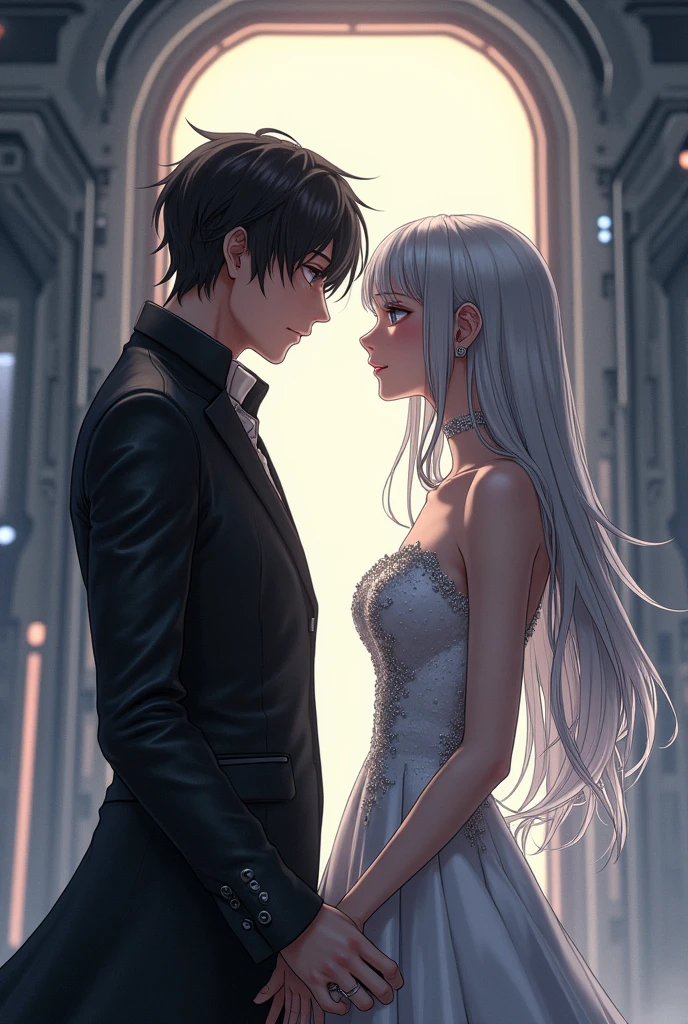 Sanakan and Cibo from Blame! Manga in a wedding dress), (sci-fi theme) Eyes staring at each other, suit black hair, dress striking silver hair, Futuristic atmosphere of the outfit A soft but bright light shines from above. Intimate and romantic atmosphere Highly detailed, exceptionally detailed, cinematic quality, emotionally charged scenes.