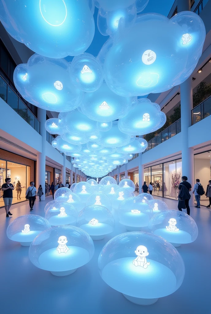 Hundreds of transparent acrylic cloud installations are arranged in an orderly manner, 5 meters high and 40 meters long. The overall clouds can be roughly divided into three layers. The first layer is small, the second layer is large, and the third layer is the largest. Hidden in the middle are transparent acrylic transparent cartoon man with different sitting postures. When the lights are on, the clouds take on the color of the sky. What is needed is an outdoor art installation placed in the middle of the shopping mall with an interactive feel.