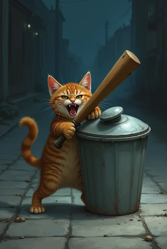  smalll little anger brown cat hits the  grey Dustbin lid  with a big brown bat on the road at the night