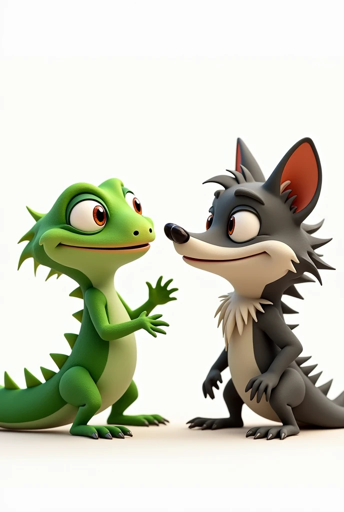 A lizard and a wolf giving a little punch , 4k hd , white background , with him with expressions,  that they are cool  , the lizard is green , the half-cool wolf , the wolf is not a dinosaur,  make them like animals 
