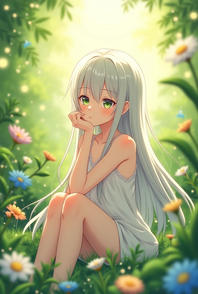 (masterpiece, best quality),1girl with long white hair sitting in a field of green plants and flowers, her hand under her chin, warm lighting, white dress, blurry foreground anime style