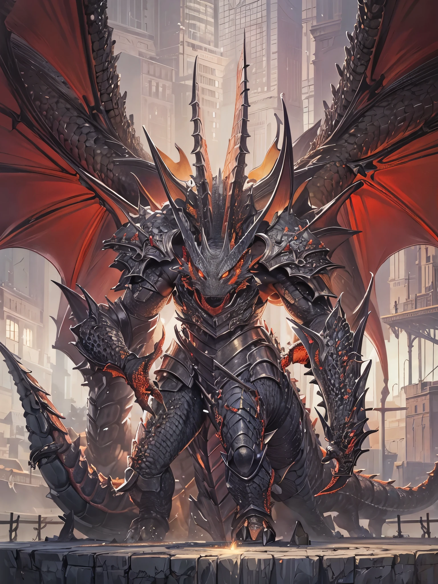 ((Highest quality)),(Ultra-high resolution),(Super detailed),(Detailed Description),((The best CG)),(masterpiece),Highly detailed art,(Art with precise detail:1.5), (Rugged armor with a dragon motif:1.5),(Beautiful and well-proportioned face:1.3),(Red glowing eyes:1.3),(Scale skin:1.9),赤い唇から覗くsharp牙:1.3,Giant bat wings:1.4,nail,sharp,To be enveloped in an aura,