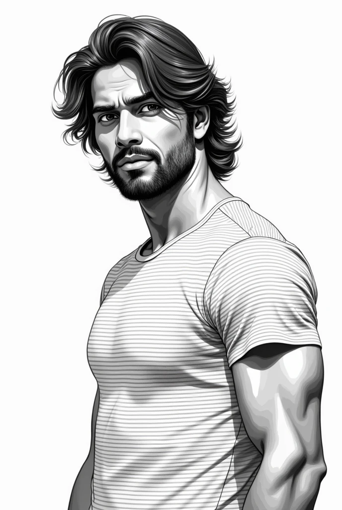 Create a detailed 2D outline of a handsome indian man with a rugged yet handsome appearance, featuring medium-length wavy hair that falls just past his shoulders. His face has strong, chiseled features with a well-defined jawline, thick eyebrows, and intense eyes that convey determination. He wears a striped t-shirt that fits snugly on his muscular frame. The background is minimal, focusing solely on the man's front profile with his head slightly tilted, revealing the natural texture of his hair and facial hair, side view
