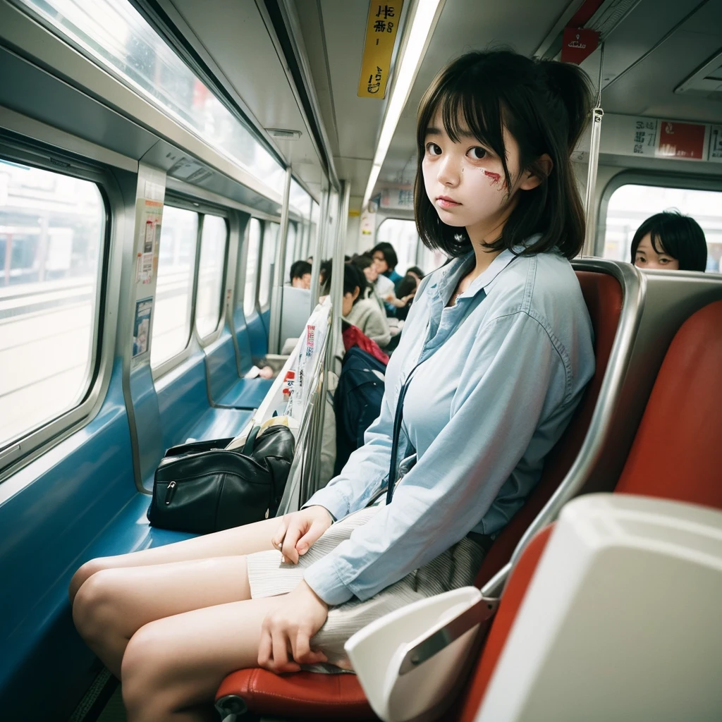 low angle view photo shoot from below, looking down to viewer, 20-year-old Japanese girl on commuter train bench sheat, next to other customers, Tokyo city looking through the windows, cream spilled on her messy face, blurry background, film like,Big Tits