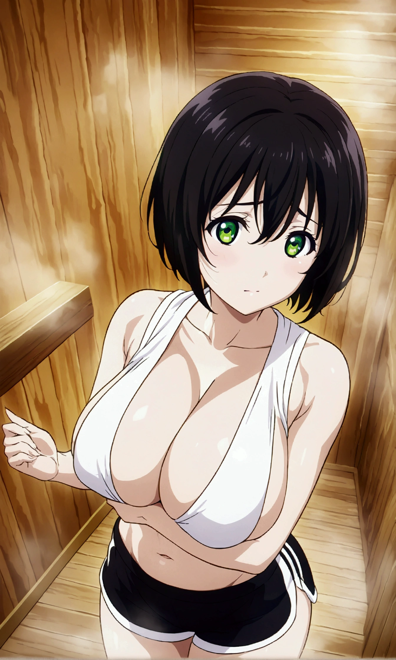 Woman in sportswear,No bra,Belly button,Shorts,Big Breasts,whole body,standing,bob cut,short hair,straight hair,black hair,green eyes,sauna,finely detailed beautiful face,high quality,anime,beautiful,High resolution,anime color,{{{masterpiece}}},{{{{extremely detailed eyes}}}},{{{{extremely detailed body}}}},{{{{extremely detailed finger}}}}