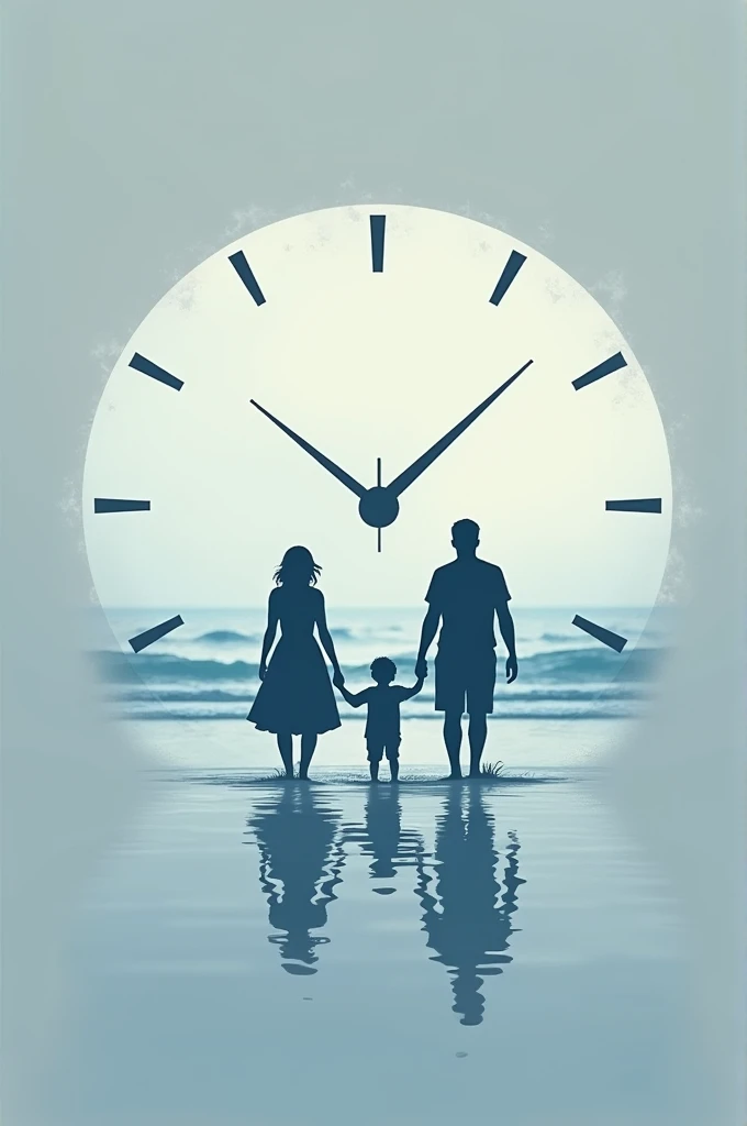 Clock image in the center with a reflection of a family spending time on the beach against a gray clock background and a blue silhouette of the family