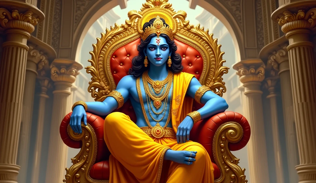 श्री कृष्ण की तस्वीर बनाइए, जो एक भव्य नक्काशीदार सुनहरे सिंहासन पर बैठा हुये हो है। श्री कृष्ण का रंग नीला हो उनके वस्त्र गोल्डन कलर के हो उनके जेवर भी गोल्डन कलर से बनी पोशाक पहनी हुई है, और उसने सोने का मुकुट और आभूषण पहने हैं। सिंहासन के पीछे बड़ा हो । पृष्ठभूमि में महल का सुंदर नक्काशीदार मेहराब नजर आ रहा है, जिससे पूरी तस्वीर बहुत ही शाही और राजसी दिखती है।