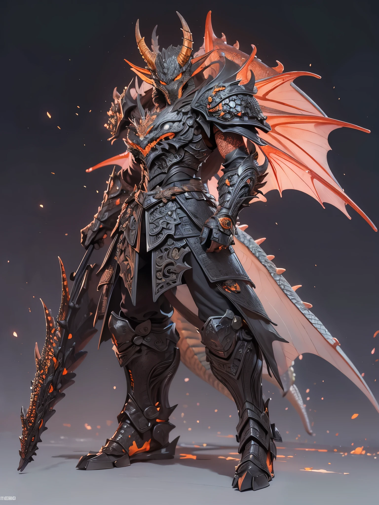 ((Highest quality)),(Ultra-high resolution),(Super detailed),(Detailed Description),((The best CG)),(masterpiece),Highly detailed art,(Art with precise detail:1.5), (Rugged armor with a dragon motif:1.5),(Beautiful and well-proportioned face:1.3),(Red glowing eyes:1.3),(Scale skin:1.9),赤い唇から覗くsharp牙:1.3,Giant bat wings:1.4,nail,sharp,To be enveloped in an aura,