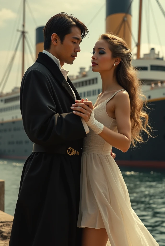 Realistlic photo of  dancing couple of Titanic movie 1997 era vintage photo couple between Fictional man as Asian looking South Korean man as 40 years old and wearing black outfit as France Sun king Louis XVI era outfit and have titanc ship as backround is dancing couple in outside of titanic ship  with White European Estonian young adult 2 and 167 cm girl kärt with wearing dyed dull blonde very long wavy hair , have arched brown natural eyebrows , have square shaped face , have low cheekbones , have oily skin , have narrow upper lips , have lighted earth blue eyes and is wearing mermaid makeup with blue smokey eyeshadow and pink lipgloss in lips and is wearing White Moon minidress and white gloves