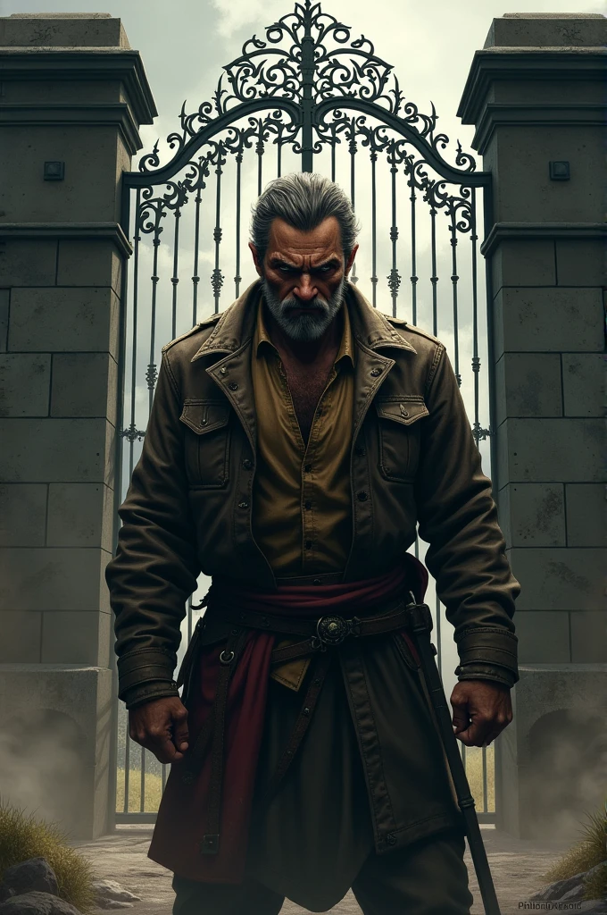 Leoncio angry in front of a gate