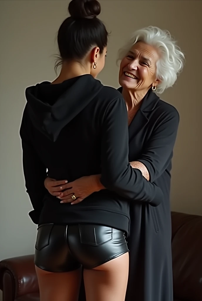 black woman hair in a bun black hoodie black leather short shorts being fucked in the ass by a old grandma in a dress