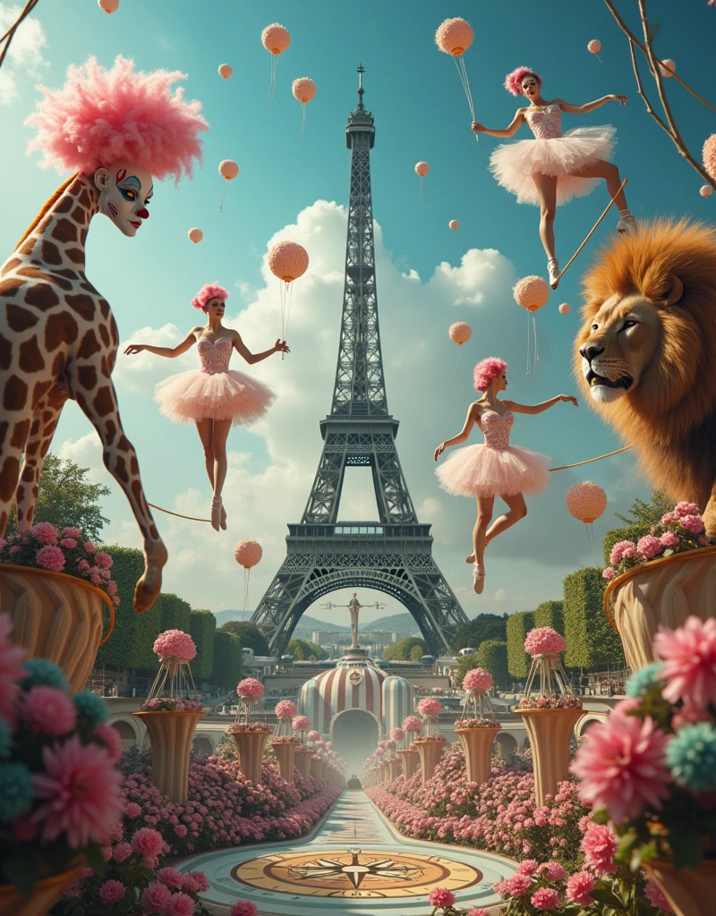 Cotton candy clowns, compass ballerinas, giraffes on trapeze, Eiffel Tower ballerinas, lion tightrope walkers, Surreal Scene