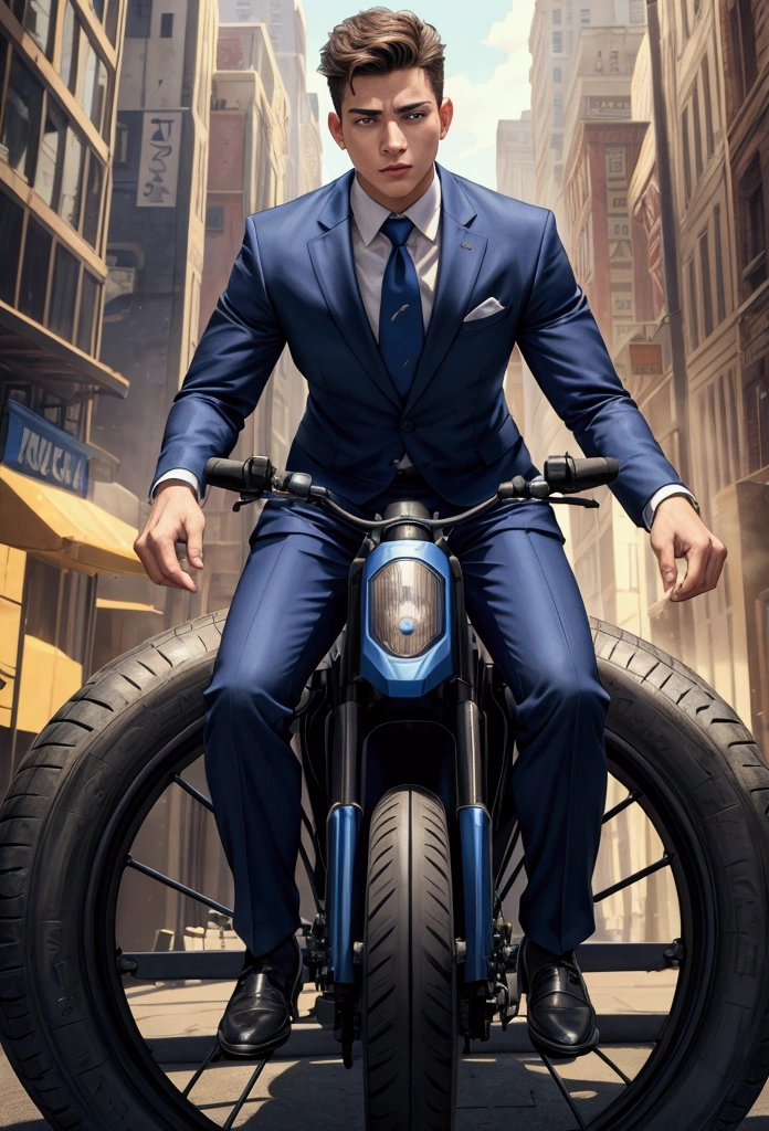 ((1boy)), super fine illustration, vibrant colors, absurdres extremely detailed CG, 8k wallpaper, (masterpiece:1.3), dynamic angle, dynamic pose, best quality, depth of field, cinematic lighting, ultra detailed, front-view,  Business suit, The president push rolling tire,  full body, center, looking at viewers, the character is in the center of the frame,