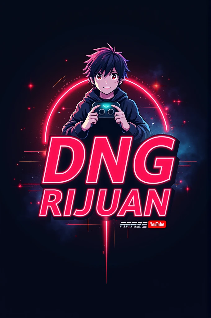 Prompts-this is a gaming logo that features  tha name DNG Rijuan in a futuristic font and a neon red color. And boy anime avtar, the logo also has a stylized controller icon and a You Tube 