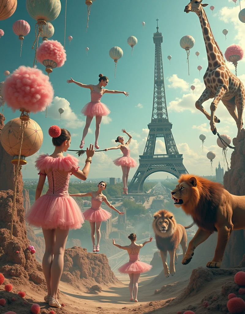 Cotton candy clowns, compass ballerinas, giraffes on trapeze, Eiffel Tower ballerinas, lion tightrope walkers, Surreal Scene