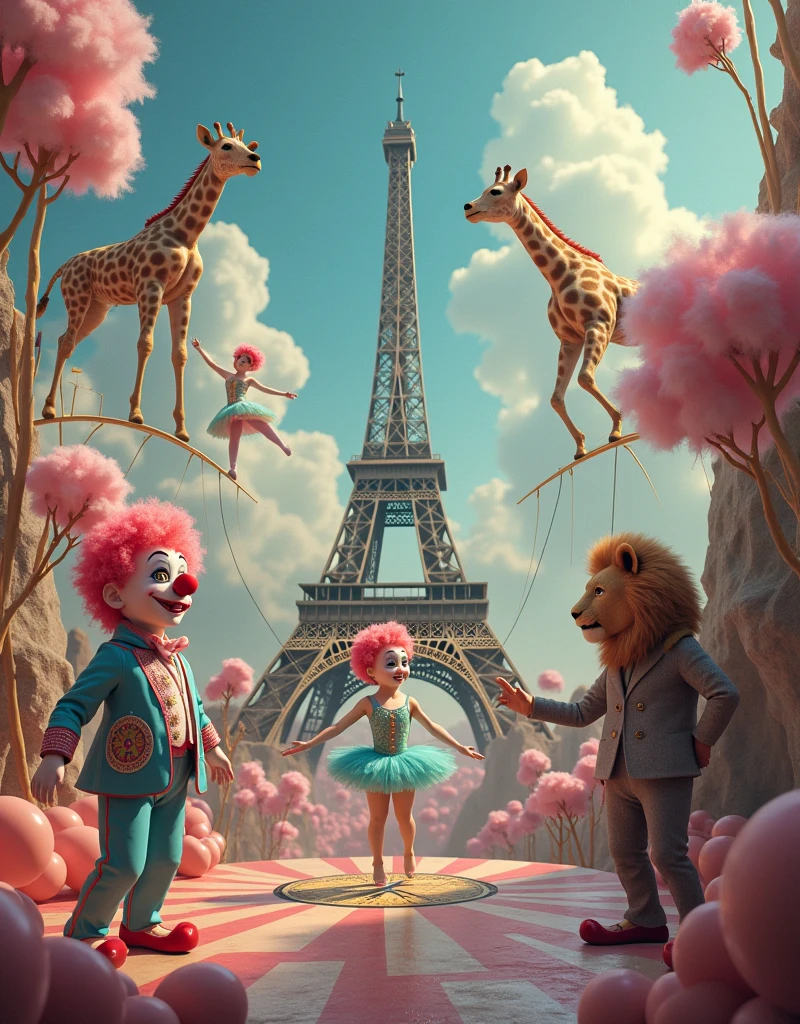 Cotton candy clowns, compass ballerinas, giraffes on trapeze, Eiffel Tower ballerinas, lion tightrope walkers, Surreal Scene