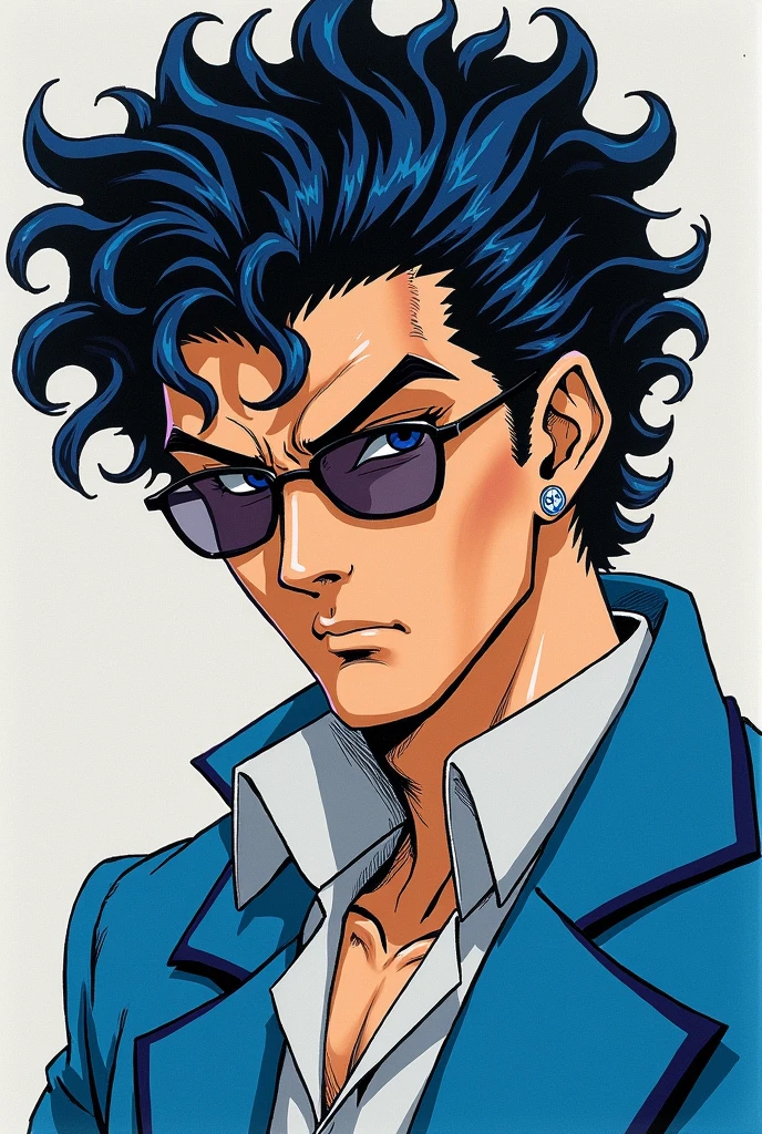 (Jotaro Kujo) Similar to the style of Hirihiko Araki,Zoom in on the face, Focus on the face, Blue highlights,Looking at the audience, watercolor, comics, Noble youth, Jojo's Bizzato Adventure