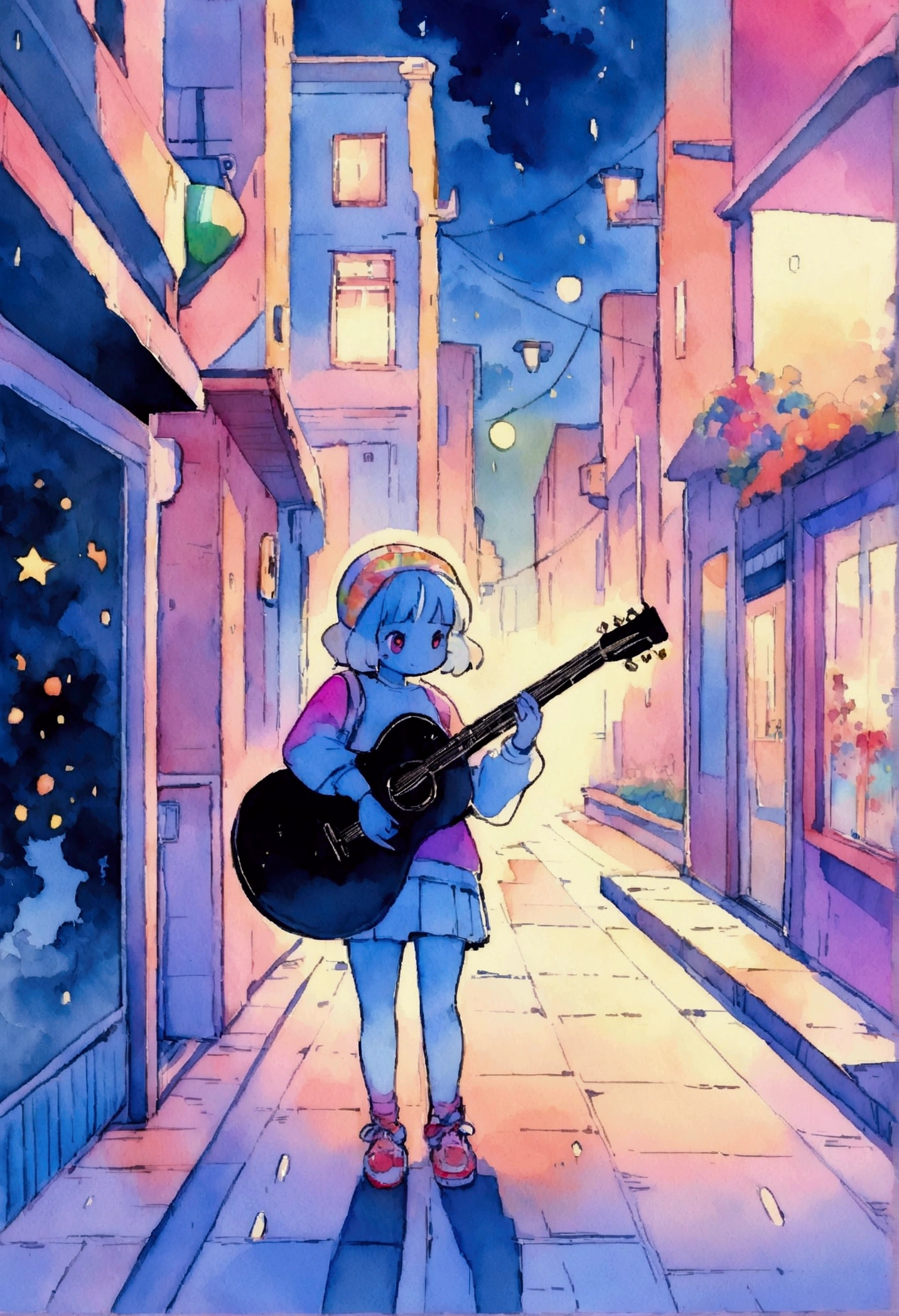Night view hippie continue dreaming, Night Light,play the guitar， Neon scenery on a rainy day, Simulates a color theme, Lo-fi hip hop , review, flat, Watercolor, Large slope, Watercolor, Gas Color, Studio Ghibli style, Vibrant colors, Outer Ton, Krautlock, Lofi Art,  Modern Era Style,Old Texture, amplitude,Psychedelic atmosphere, masterpiece, Technically sophisticated　♪