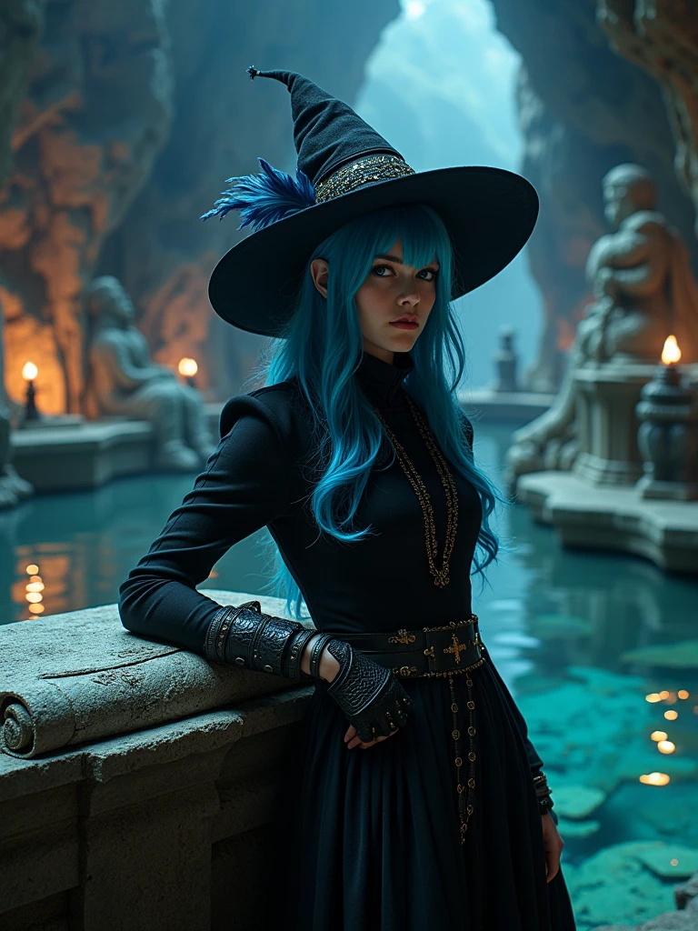 Scene in 4K resolution, focusing on Seraphina, a 20-year-old woman, in a dark and mysterious fantasy scenario. | The black outfit with leather bracelets and a hat adorned with feathers creates an intriguing look. The blue, long and spiky hair, with bangs in the left eye, contributes to the magical aura of the character. | Seraphina's mysterious look, directed at the viewer, reflects the dark and magical environment of the scene. | The dark cave is decorated with bright crystals, mystical statues, rock formations and a well of crystal clear water. Elements such as enchanted scrolls, an archange machine, a secret entrance and an ancestral android complete the setting. | Seraphina interacts in an enigmatic way with an enchanted scroll, an archange machine and an ancestral android, crucial elements to reveal secrets and unlock paths in the narrative. | {The cinematography highlights the details of the costume and the facial expression of Seraphina, while exploring the magical and mysterious elements of the cave, providing an immersive visual experience} | Seraphina's expression conveys the fusion of dark sorcery, fantasy, mystery and adventure in the scene. | {The camera is positioned very close to her, revealing her entire body as she adopts a dynamic_pose, interacting with and leaning on a structure in the scene in an exciting way} | She is adopting a ((dynamic_pose as interacts, boldly leaning on a structure, leaning back in a exciting way):1.3), ((perfect_pose)), ((perfect_pose):1.5), (((full body))), ((perfect_fingers, better_hands, perfect_hands, perfect_legs)), ((perfect_fingers, better_hands, perfect_hands, perfect_legs):0.7), ((More_Detail))