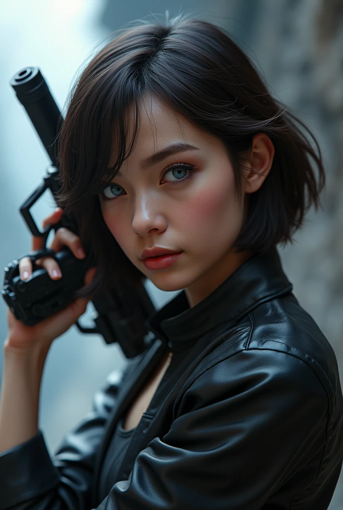 Captured from a high-angle, eye-level perspective, a medium-sized girl, dressed in a black leather jacket, holds a futuristic blaster handgun in her right hand. Her left hand is raised in the air, while her right arm rests on her hip. Her right arm is draped over her shoulder, adding a pop of color to the scene. The girl's hair is a dark brown, full body over the shoulders with bangs, and she's looking off to the side. Her eyes are a piercing blue, and her lips are a lighter shade of brown. Her hair is styled in a bob, with a slight smile on her face. The backdrop is blurred in the background there is 3D text that reads "Star Wars Outlaws" in the background at the top of the picture, creating a stark contrast to the girl. Star Wars Movie Style Science Fiction, Futurism, retina, masterpiece, accurate, anatomically correct, textured skin, super detail, best quality, award winning, highres, 4K, 8k, 16k