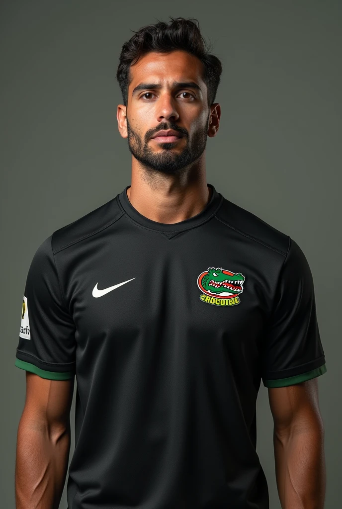 team jersey on a man, with name written " amateur crocodiles" in Portuguese, the shirt is black with the symbol of a crocodile on the right chest
