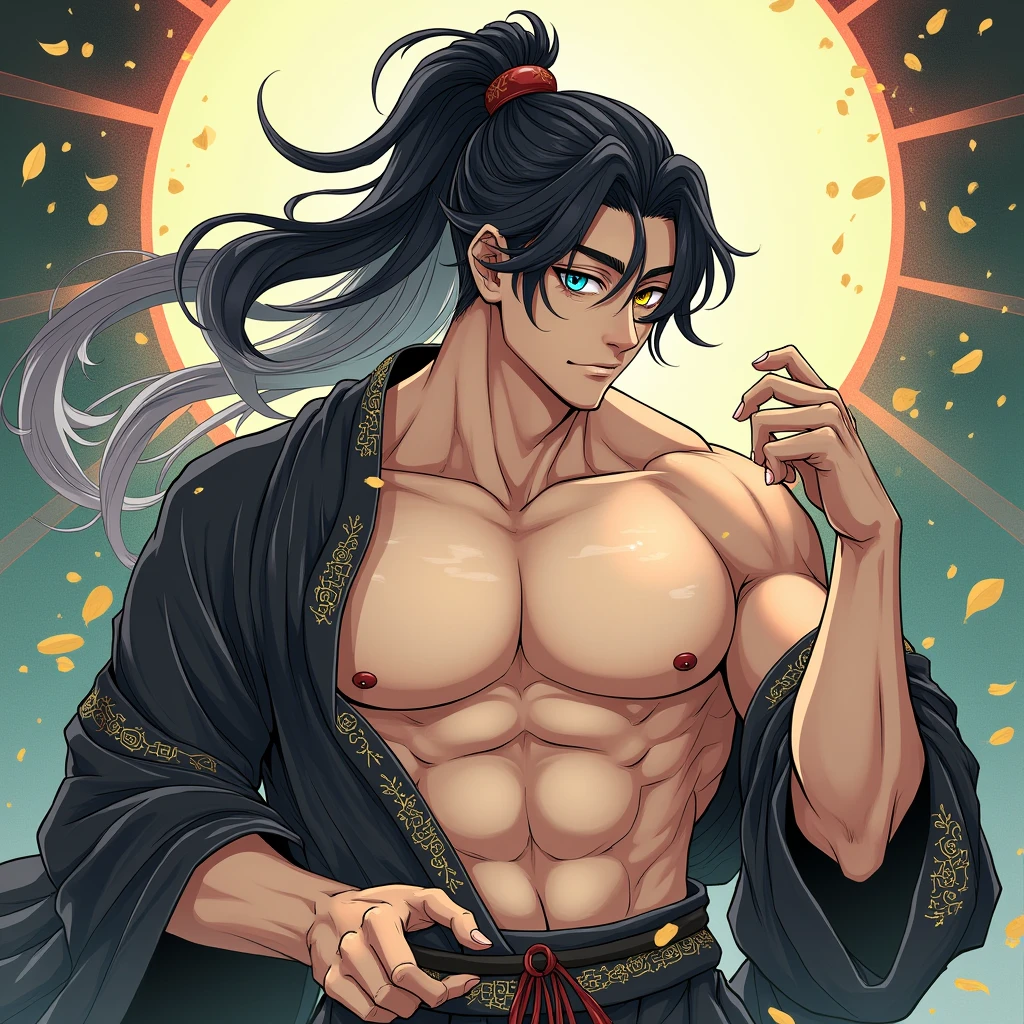 High resolution, One Man,ponytail,Muscular,brown,Odd eyes: right eye is light blue, left eye is yellow-green,Her hair has a black to white gradient,Large Breasts, Eyebrows,Drooping eyes,Japanese illustration style, Japanese-style clothing,Masturbation