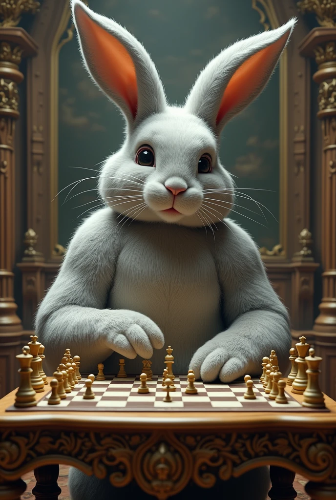 A giant, anthropomorphic rabbit is playing chess against a tiny, human-sized chessboard.