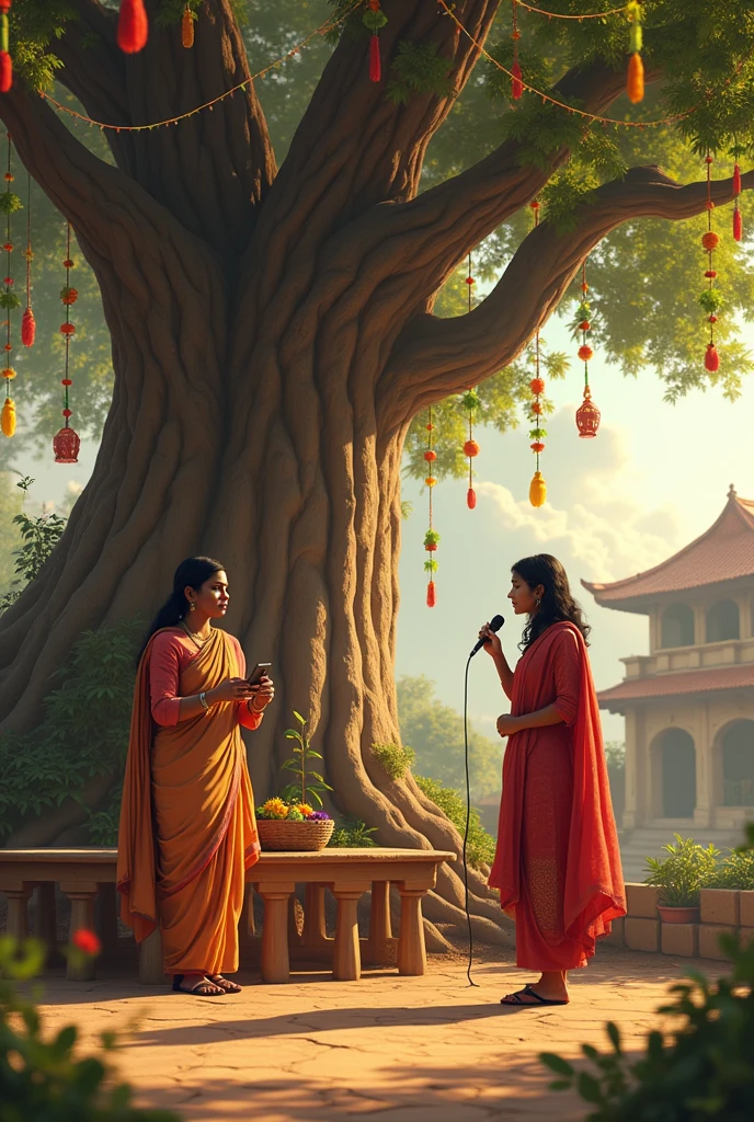 A female journalist wearing kurta salwar taking interview of a politician under a tree on a raised platform of the village. There is a big tree on it and it is decorated with frills and lanterns. 