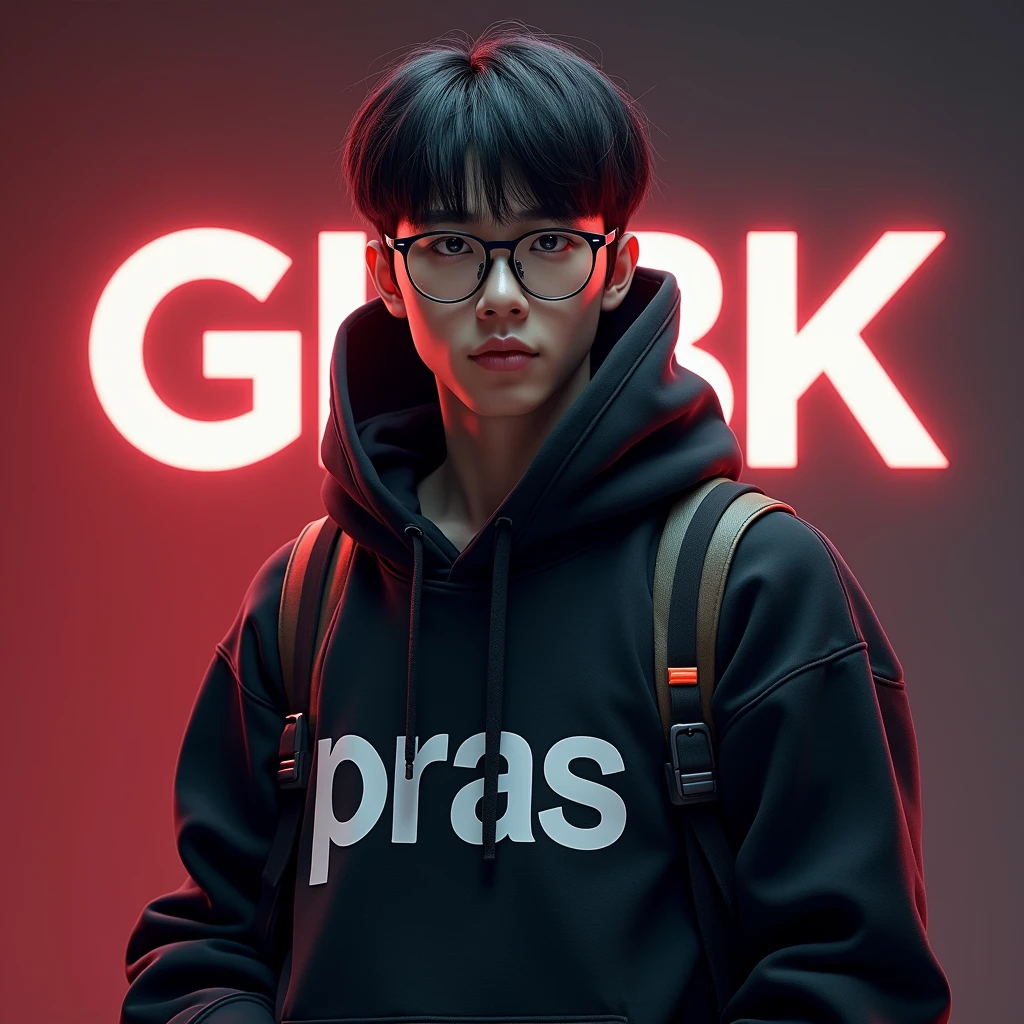 Create a character hoodie, {{background: capital text “GLBK”}},
realistic, HDR, use glasses, handsome korean style, full body, use pistol, age 20, hoodie HD text: “PRAS”