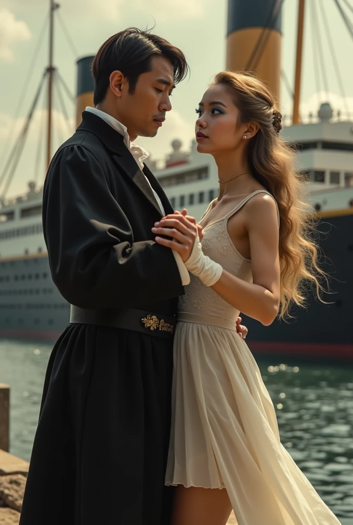 Realistlic photo of dancing couple of Titanic movie 1997 era vintage photo couple between Fictional man as Asian looking South Korean man as 40 years old and wearing black outfit as France Sun king Louis XVI era outfit and have titanc ship as backround is dancing couple in outside of titanic ship with White European Estonian young adult 2 and 167 cm girl kärt with wearing dyed dull blonde very long wavy hair , have arched brown natural eyebrows , have square shaped face , have low cheekbones , have oily skin , have narrow upper lips , have lighted earth blue eyes and is wearing mermaid makeup with blue smokey eyeshadow and pink lipgloss in lips and is wearing White Moon minidress and white gloves