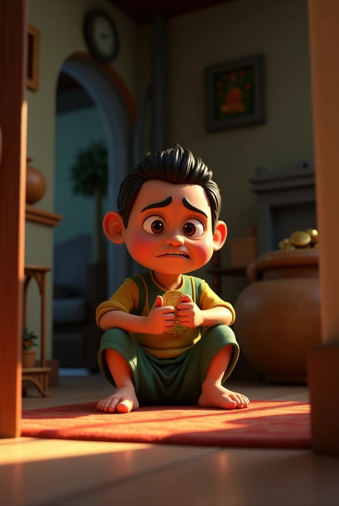 Incinematic 3D cartoon "Anxiety with the Treasure: Show Ramlaal sitting inside his modest home, holding a gold coin, but with a worried expression on his face. The pot of gold is hidden in a corner of the room. The scene should capture the tension and unease, with dim lighting to emphasize his inner turmoil."