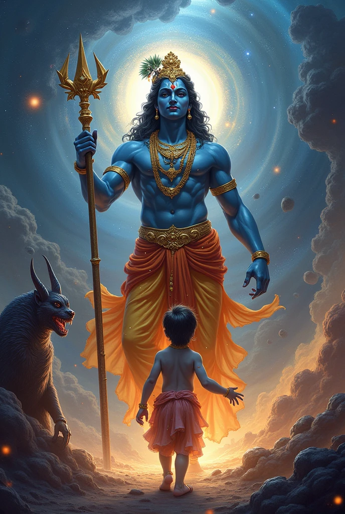 Krishna image in universe
with chakra in hand side passing a snake, saves a little child from kali monster