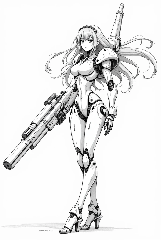 a drawing of an anime girl robot with a gun in its hand, line art, traditional anime art, armored core style mecha,