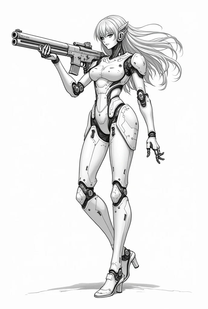 a drawing of an anime girl robot with a gun in its hand, line art, traditional anime art, armored core style mecha,