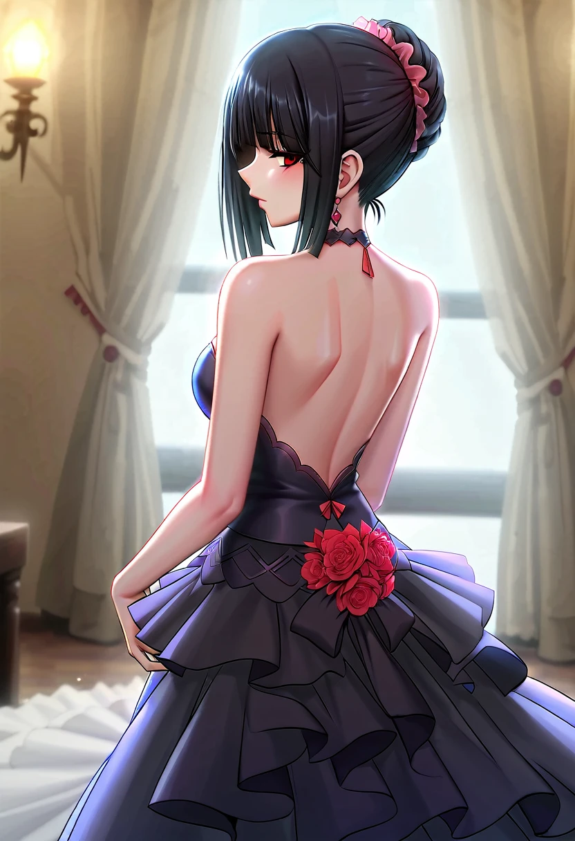 tokisaki kurumi,((masterpiece)),(((best quality))),((ultra-detailed)),((illustration)),((disheveled hair)),((frills)),(1 girl),(solo),Wavy hair secretary,solitary,Exquisite eyes,Fine black hair,( Smooth skin:1.2)( Wear a gorgeous and sparkling evening gown:1.2), Slender body proportions,Back,Gorgeous room,backless outfit,back focus,from behind,